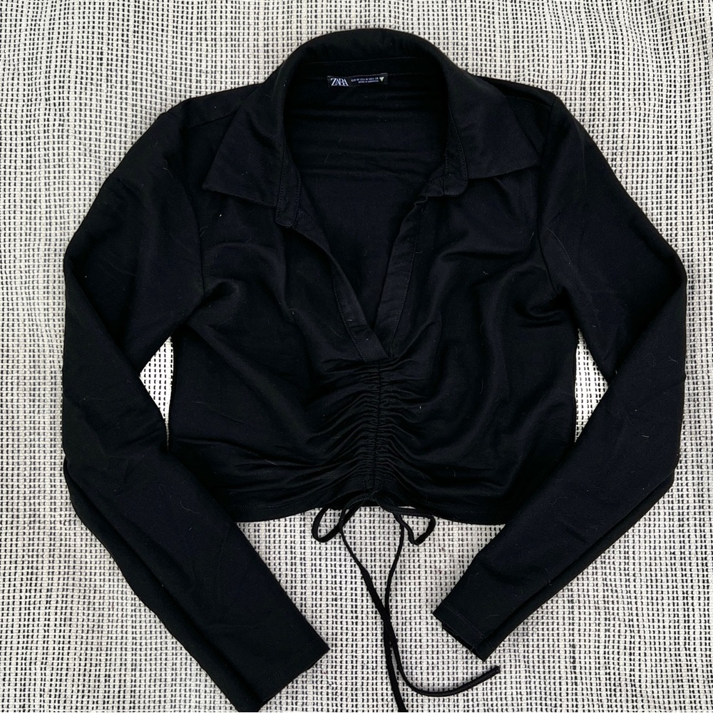 ZARA Black Collared Drawstring Long-sleeve Blouse
